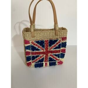 British Sequin Wicker Handled Purse Red Lined Inner Zip Pocket Magnetic Closure